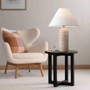 Minimalist Linen and Travertine Table Lamp | Lighting Collective | in a modern reading nook