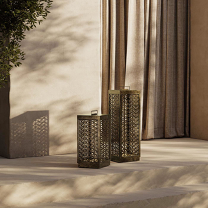 Outdoor Mediterranean Perforated Brass Floor Lamp | Lighting Collective | small and large sizes near stairs on a modern terrace