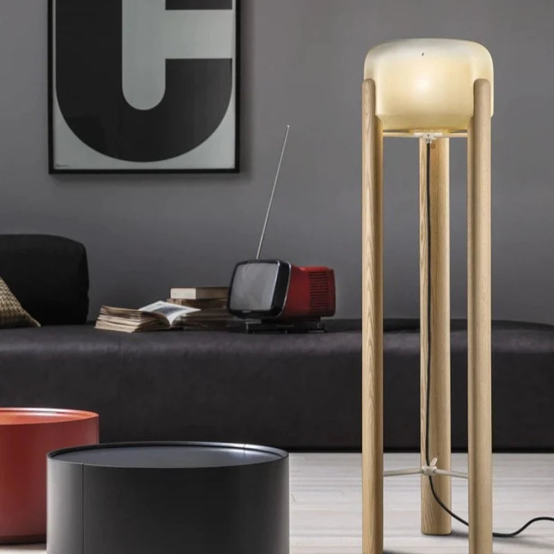 Italian Hand Blown Glass Floor Lamp Wooden Base Lighting