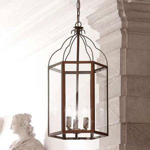Three Light Italian Glass Lantern With Antique Brass Frame-Pendants-ALDO BERNARDI (Lightco)-Lighting Collective