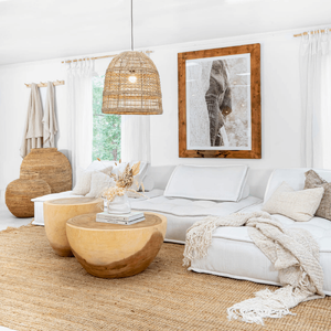 Selimit Rattan Dome Pendant Meadow in the living room with coastal luxe style