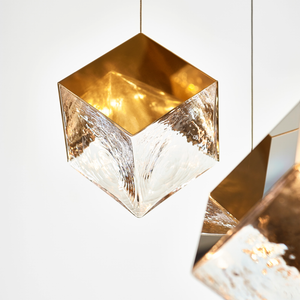 Gleaming Crystal and Metal Cube Pendant gold finish close up on the materials