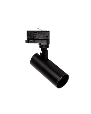 Black track light fixture on a white background