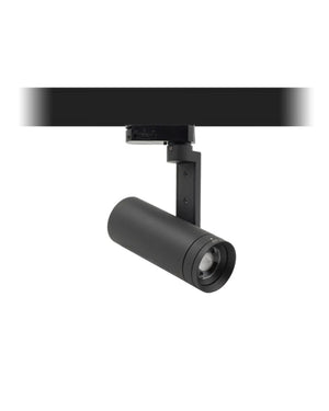 Black track light fixture on a white background