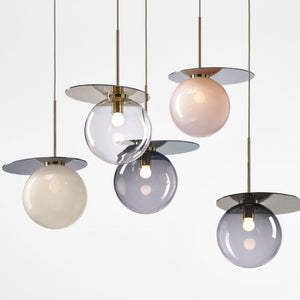 Elegant Plate and Crystal Ball Pendant Lights composition of clear smoked pink and light grey finishes