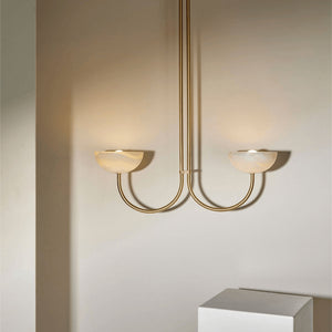 Natural Stone Double Dome Pendant white and brass lit up