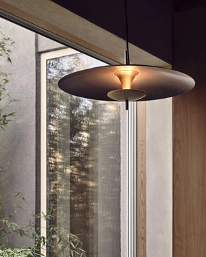 Modern pendant light hanging in a room with large windows and plants.