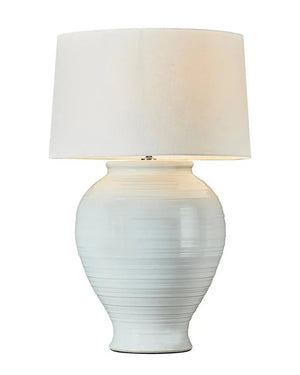 White table lamp with a ribbed base and white shade on a white background