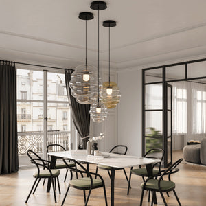 Mouth-Blown Crystal Cloud Pendant Light over a dining room as a group of three lights