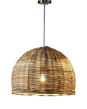 Woven pendant light on a white background
