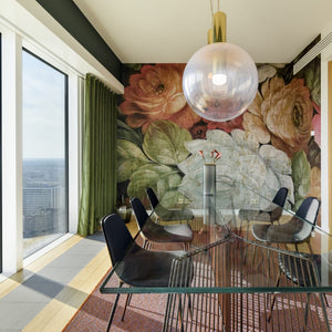 Hand-Blown Crystal Large Sphere Suspension with gold and pink finish in a dining room