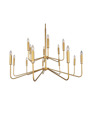 Gold chandelier with multiple arms on a white background