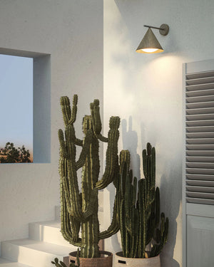 Exterior Brass Cone Straight Arm Wall Light near stairs over cactuses on the terrace of a white modern house