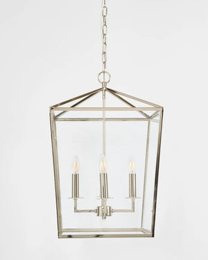 Hexagonal pendant light fixture with glass panels on a white background