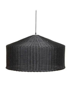 Black woven pendant light on a white background