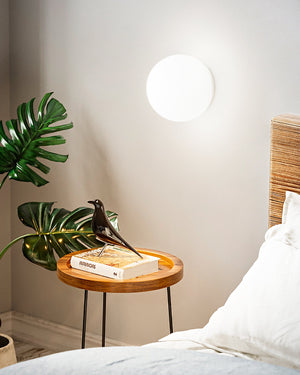Bedroom with wooden side table, lamp, and plant