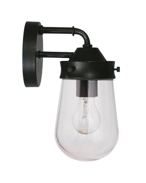 Black wall-mounted outdoor light fixture with clear glass shade on a white background