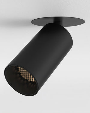 Black cylindrical ceiling light fixture on a white background