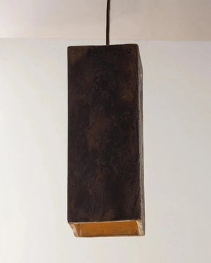 Rectangular pendant light with a dark brown finish on a white background