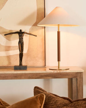 Leather & Brass Table Lamp on a console in a warm living area | Lighting Collective 