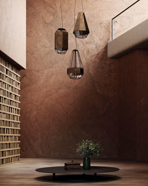 Three different shapes of micro-perforated pendant in a Moroccan style hall