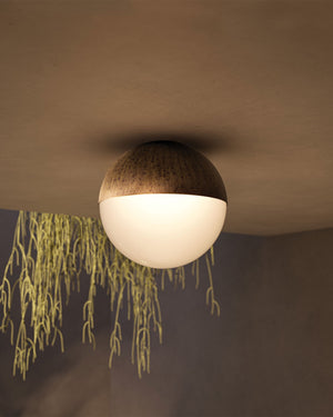 Spherical outdoor ceiling light near a door entrance 