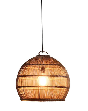 Natural Rattan pendant light owith black suspension shining with a G125 light bulb