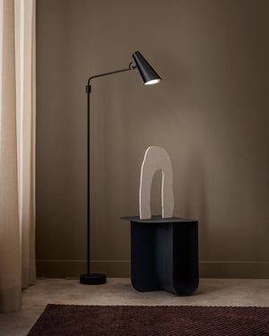Modern floor lamp and side table against a brown wall | Birdy | Lighting Collective