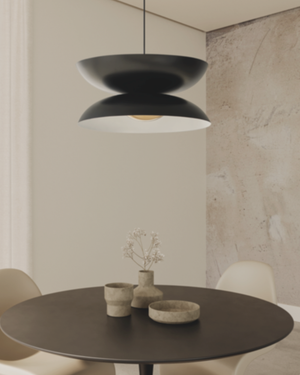 Minimalist Double Disc Pendant Above a dining table