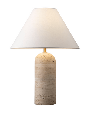 Minimalist Linen and Travertine Table Lamp 
