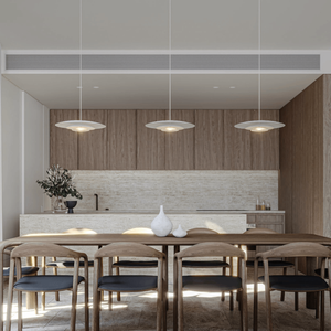 Minimalistic Double Wide Dome Pendant | Lighting Collective | white three lights in a kitchen
