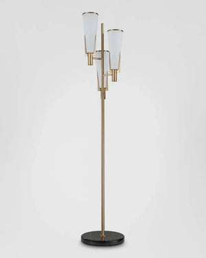 Modern floor lamp with three white glass shades on a gray background
