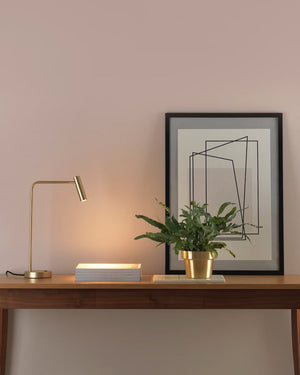 Modern Minimal Desk Lamp in Matt Gold on a timber side board