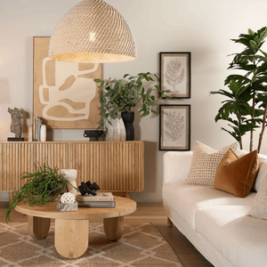 Natural Bleach Rattan Dome Pendant | Lighting Collective | large in a living room