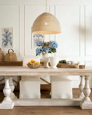 Natural Bleach Rattan Dome Pendant Over a Dining Table