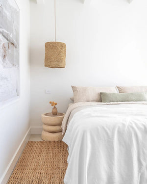 Natural Woven Banana Leaf Pendant | Lyric | Lighting Collective | Pendant in Bedroom Above Bedside Table