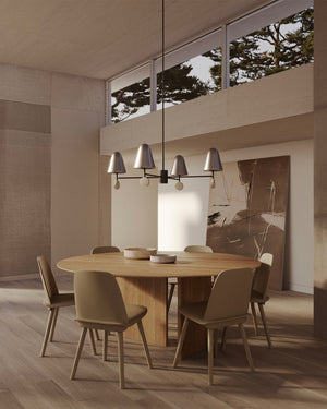 Modern dining room with wooden table and chairs, large windows, and Nordic Marble Wall Light