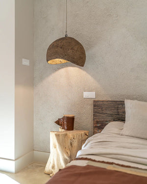 Organic Paper Mâché Pendant Light | Kala | Lighting Collective | Pendant in Rustic Bedroom Above Bedside Table