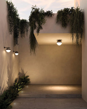 Outdoor Antique Brass Spherical Wall Light | Straight In Situ