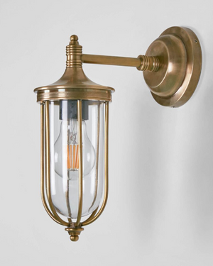 Outdoor Caged Lantern Wall Light Brass turned off side view