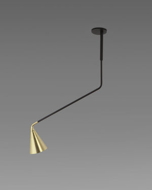 Modern pendant light with black arm and gold lampshade on a gray background