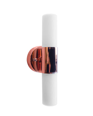 Wall sconce with copper finish and white cylindrical design on a white background