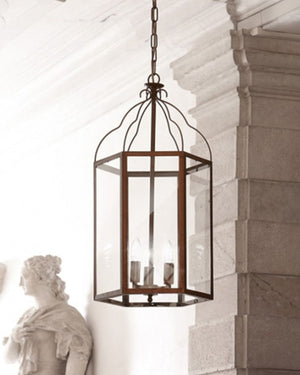Three Light Italian Glass Lantern With Antique Brass Frame