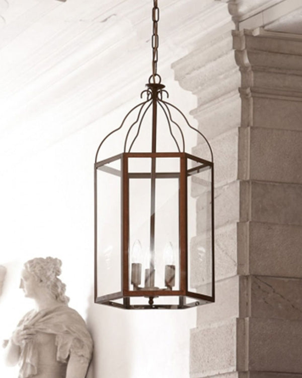 Three Light Italian Glass Lantern With Antique Brass Frame