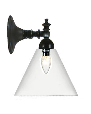 Wall-mounted light fixture with white shade and black metal bracket on a white background