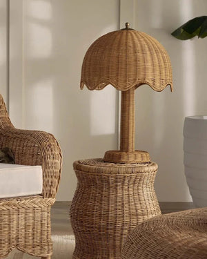 Wicker chair and umbrella table lamp in a room setting | Lighting Collective 