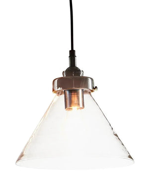Pendant light with cone-shaped glass shade and metallic fixture on a white background