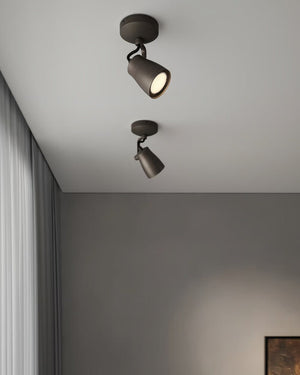 Two dark bronze adjustable spotlight mounted on white ceiling next to grey sheer curtains