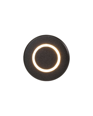Aluminium Inground or Wall Light in black, lit as a warm ring of light around a solid centre
