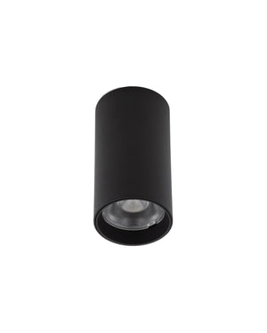Aluminium Surface Mount Downlight in matte black cylindrical body with integrated LED on white background